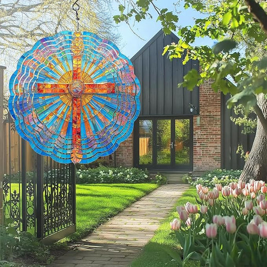 Cross Wind Spinners Outdoor, Hanging Wind Spinner for Garden Decoration, 8 inch 3D Stainless Steel Metal Wind Sculpture for Indoor/Outdoor Decor