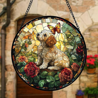 DASTOLL Stained Glass Window Hanging, Cute Dog and Flowers Suncatcher for Doors Home Butterfly Sun Catchers Decoration and Christmas, Mother's Day Birthday Gifts for Women, Men, and Mom 7.8 in