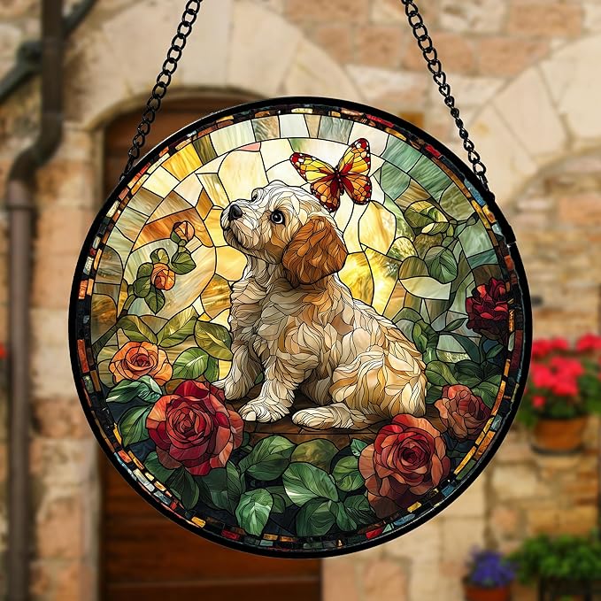 DASTOLL Stained Glass Window Hanging, Cute Dog and Flowers Suncatcher for Doors Home Butterfly Sun Catchers Decoration and Christmas, Mother's Day Birthday Gifts for Women, Men, and Mom 9.8 in