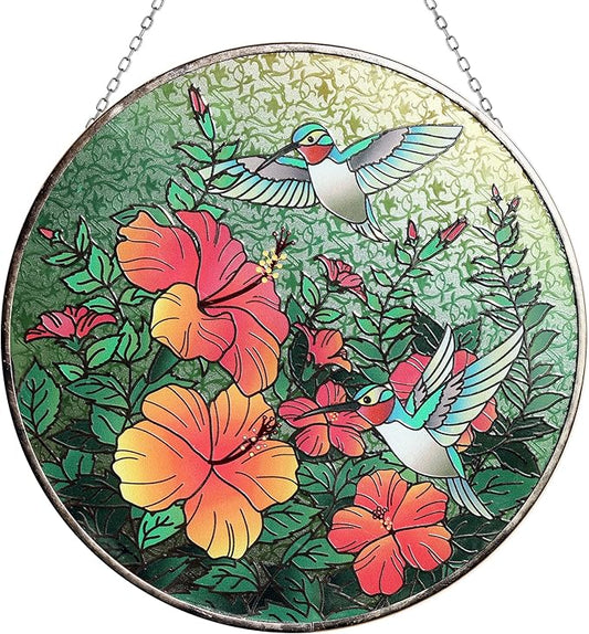 Hanway Suncatcher in Colorful Stained Glass 12" Dia - Genuine Brightly Colored Glass, Protective Metal Edge, Ready to Use Hanging Chain, for Window, Garden (Butterfly) (Hummingbird)