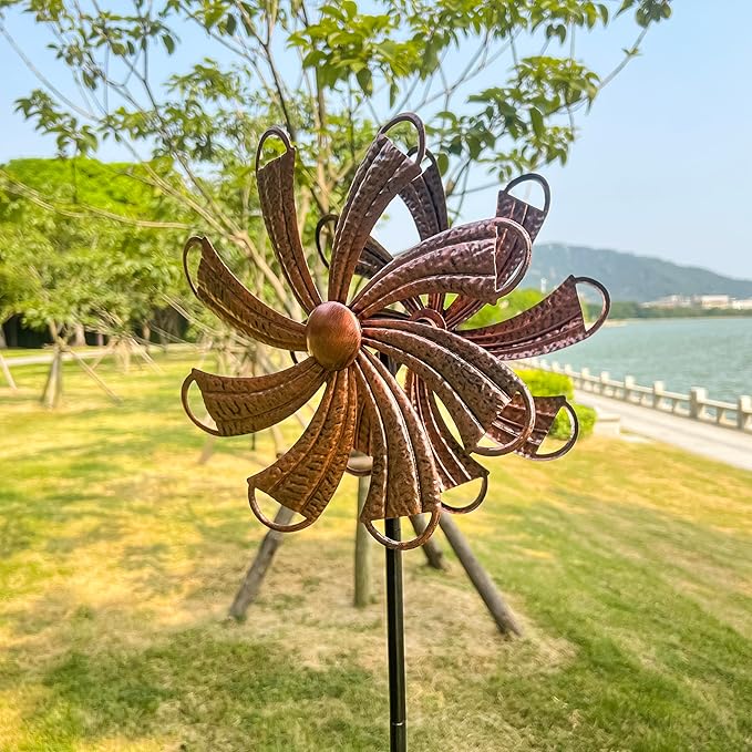 54” Metal Wind Spinner Outdoor Decor, Double Layer 360° Rotating Kinetic Sculpture, Rustproof Weather-Resistant Yard Art for Patio Lawn, Wind Spinners for Yard and Garden (Copper)