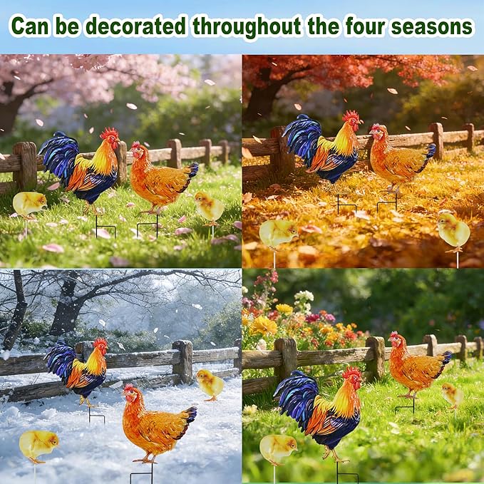 4 Pack Chicken Metal Decorative Garden Stakes Chicken Gifts for Women/Men Chicken Lovers Gifts Silhouette Statues for Yard Art, Outside, Patio, Outdoor Decor, Garden Decorations, Lawn Ornaments
