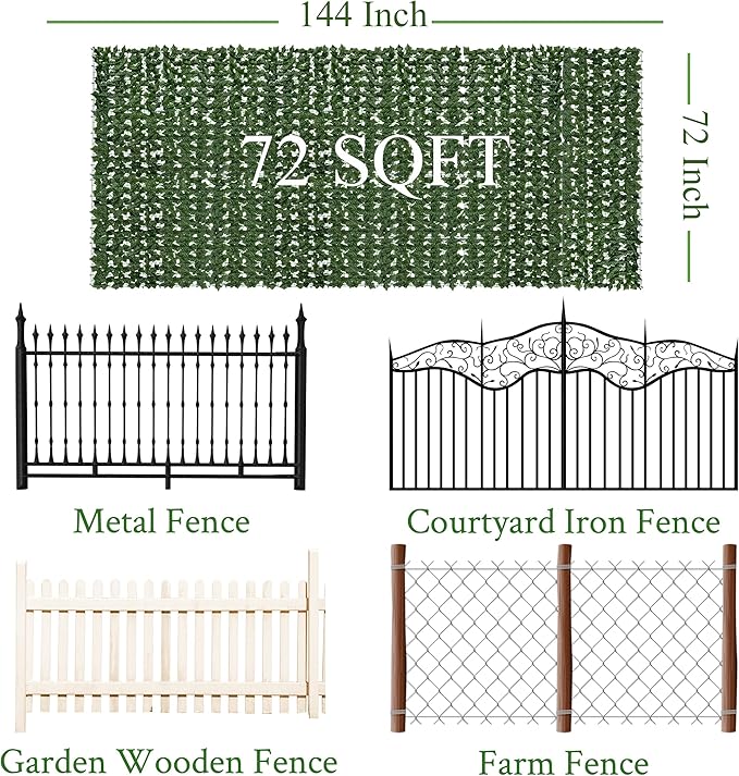 Artificial Ivy Privacy Fence Screen: 72"x 144" (72 Sqft) Anti-Ultraviolet Artificial Hedge Grass Wall, Used for Indoor and Outdoor Green Background, Garden Greening Decoration