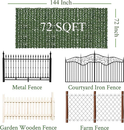 Artificial Ivy Privacy Fence Screen: 72"x 144" (72 Sqft) Anti-Ultraviolet Artificial Hedge Grass Wall, Used for Indoor and Outdoor Green Background, Garden Greening Decoration