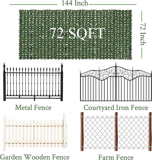 Artificial Ivy Privacy Fence Screen: 72"x 144" (72 Sqft) Anti-Ultraviolet Artificial Hedge Grass Wall, Used for Indoor and Outdoor Green Background, Garden Greening Decoration
