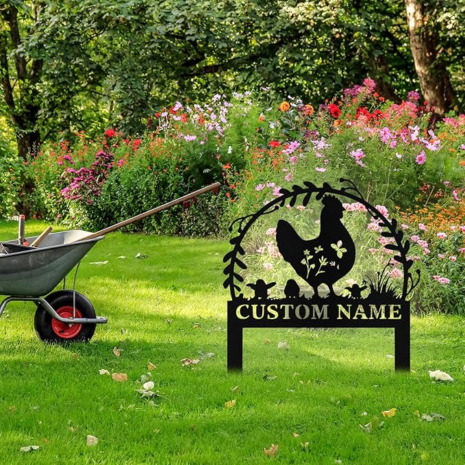 Personalized Metal Chicken Garden Signs with Stake, Custom Garden Signs for Outside Waterproof, Customized Name Sign Yard Lawn Gardens Decor Gardening Gifts for Moms Grandmas Gardeners
