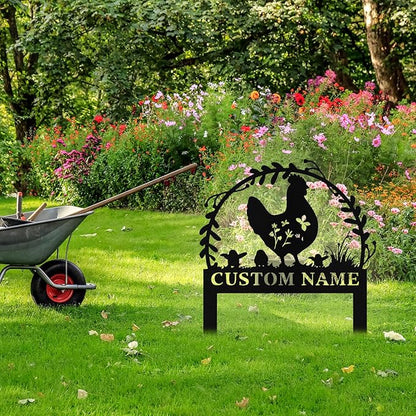 Personalized Metal Chicken Garden Signs with Stake, Custom Garden Signs for Outside Waterproof, Customized Name Sign Yard Lawn Gardens Decor Gardening Gifts for Moms Grandmas Gardeners