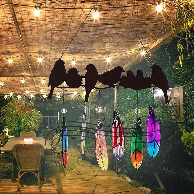 Wind Chimes for Outside with Handmade Glass Feather, Metal Bird Art Ornaments Pendant Windchimes Outdoors Hanging for Indoor Outdoor Yard Patio Porch Decoration, Birthday Gifts for Mom
