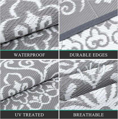 Pauwer Waterproof Outdoor Rug 8x10, Reversible Plastic Straw Patio Camping Rug, Indoor Outdoor RV Mat Carpet for Deck, Camper, Porch, Balcony, Backyard, Picnic, Floral Grey