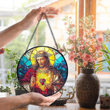 Easter Sacred Heart of Jesus Christian Gigts Suncatcher Stained Glass Window Hanging, Religious Sun Catchers Indoor Window Glass Wall Art Decor, Christian Wall Hanging Decor, 7.9x7.9 Inch