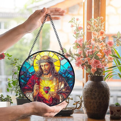 Easter Sacred Heart of Jesus Christian Gigts Suncatcher Stained Glass Window Hanging, Religious Sun Catchers Indoor Window Glass Wall Art Decor, Christian Wall Hanging Decor, 7.9x7.9 Inch