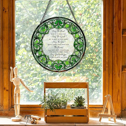 Irish Blessing Suncatcher Stained Glass Window Hanging, Irish Blessing Gifts Sun Catchers Indoor Window Glass Round Wall Decor, Ireland Gifts Wall Art Hanging Decorations, ＂7.8x7.8＂