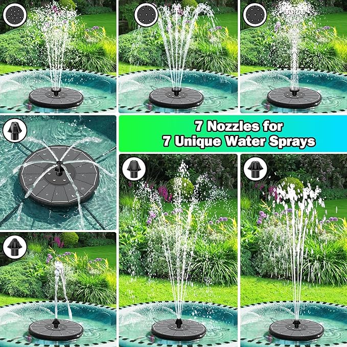 SZMP 3.5W Glass Solar Fountain with Swivel-Out Fixed Rods, Solar Bird Bath Fountains with LED Lights and 2000mAh Battery, 7 Nozzles, Outdoor Solar Water Fountain Pump for Garden, Pool, Pond (Black)