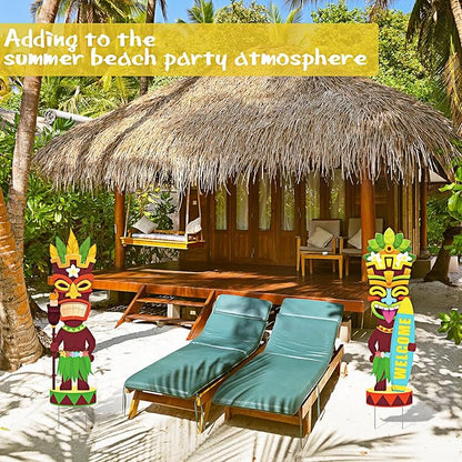 Queekay 2 Pcs Tiki Yard Sign Luau Hawaiian Tropical Party Decoration Outdoor Tiki Bar Sign with Stakes for Summer(Novelty Style)
