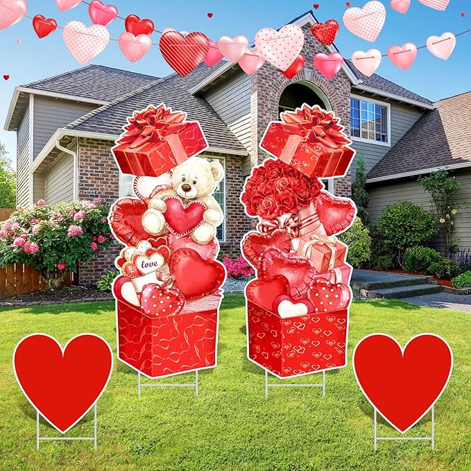 Yuntau 4 Pcs Valentine's Day Yard Signs Gift Box Outdoor Sign with Stakes Valentine Red Love Bear Heart Lawn for Holiday Pathway Lawn Stake Walkway Patio Party Wedding Anniversary Decor