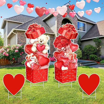 Yuntau 4 Pcs Valentine's Day Yard Signs Gift Box Outdoor Sign with Stakes Valentine Red Love Bear Heart Lawn for Holiday Pathway Lawn Stake Walkway Patio Party Wedding Anniversary Decor
