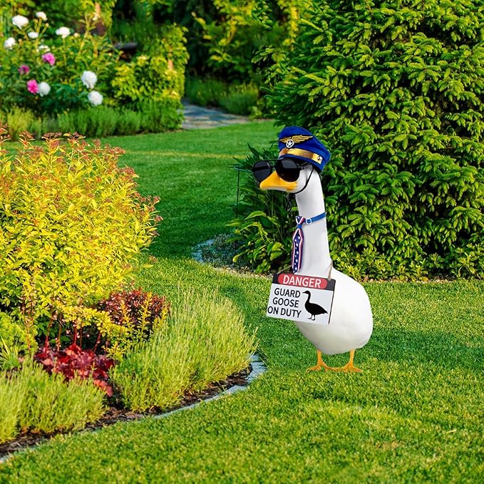 CAMDUCK 4 Pcs Porch Goose Accessories Porch Goose Sign Air Force Hat Eyeglasses Necktie Wooden Danger Guard Goose on Duty Warning Sign Goose Outfits Decor for Yard Porch Lawn
