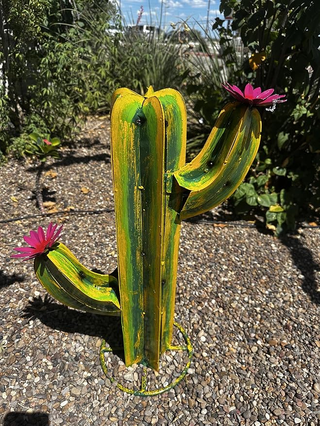 Colorful Metal Saguaro Cactus with Flowers - Handmade Garden Decor (Multicolor)