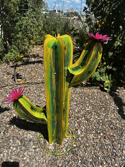 Colorful Metal Saguaro Cactus with Flowers - Handmade Garden Decor (Multicolor)