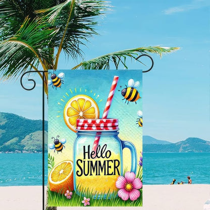 HOMETITUTE Hello Summer Garden Flag Mason Jar Flag 12x18 inch Double Sided Beach Seasonal Flags Yard Outdoor Lawn Decor Rustic Nautical Seasonal Farmhouse Decorations