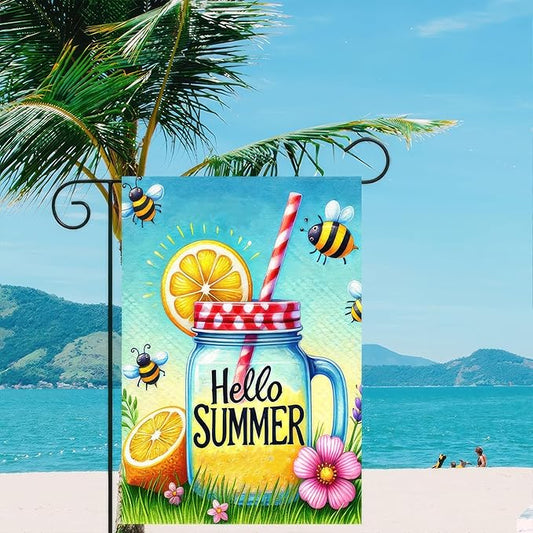HOMETITUTE Hello Summer Garden Flag Mason Jar Flag 12x18 inch Double Sided Beach Seasonal Flags Yard Outdoor Lawn Decor Rustic Nautical Seasonal Farmhouse Decorations
