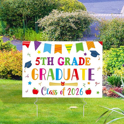 5th Grade Grad Yard Sign - White Class of 2026 Fifth Grade Graduate Lawn Sign with Stake School Congrats Graduation Decor Colorful Waterproof Graduation Party Favor for Outdoor Garden Photo Booth Prop