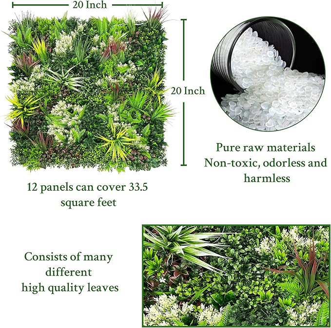 ODTORY Artificial Plant Wall Panels: 20"×20" 12P UV-Anti Faux Grass Wall Backdrop Boxwood Ivy Fence Privacy Screen Fake Greenery Leaf Hedge for Outdoor,Indoor,Garden,Backyard and Home Decor