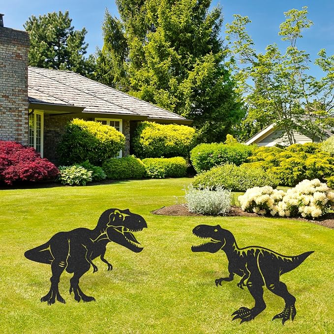 Rngmsi Dinosaur Metal Garden Art - 2PCS Metal Dinosaur Yard Art Decorations Outside Dinosaur Garden Stakes Decorative Dinos Garden Decor Outdoor for Patio Lawn Statues Gifts for Men Women Friends