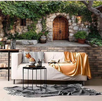 Garage door banner cover, 6x13 ft old stone house features ivy background, Large Outdoor Backyard Landscape Decoration (Stone House)