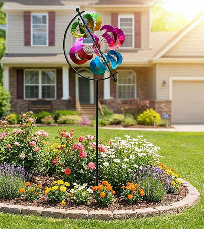 Large Kinetic Wind Spinner Outdoor Metal - 3D Wind Sculptures & Catchers with Stable Stake, Multi-Color Yard Art Decoration for Garden, Patio, Lawn, and Backyard