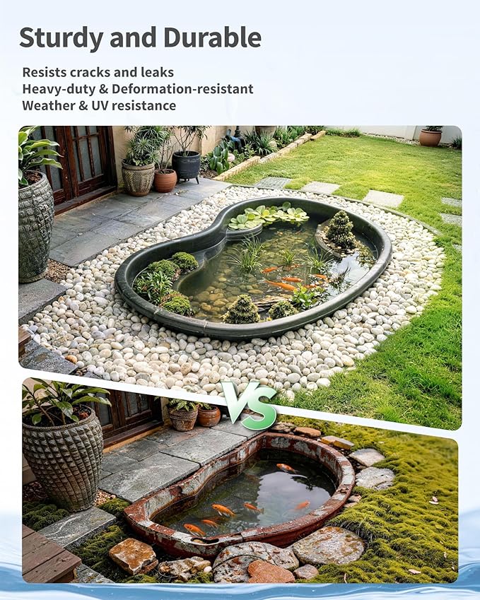 POPOSOAP Preformed Pond Liner, 33 Gallon Rigid Plastic Pond Tub Heavy Duty U-V Resistant Basin with Integrated Plant Shelves for Backyard, Garden and Patio Landscaping P797