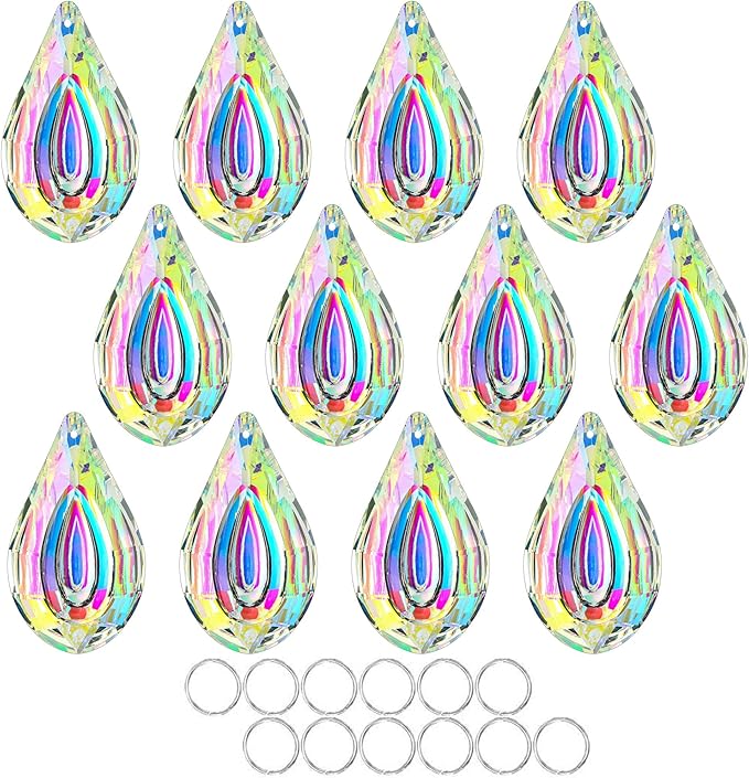 HDCRYSTALGIFTS 12pcs Suncatcher Crystal 50mm AB Loquat Shape Chandelier Parts Drops Prisms Hanging Crystal Sun Catchers,Colorful Glass Ornaments for Christmas Tree