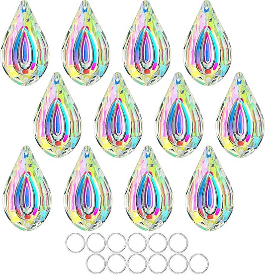 HDCRYSTALGIFTS 12pcs Suncatcher Crystal 50mm AB Loquat Shape Chandelier Parts Drops Prisms Hanging Crystal Sun Catchers,Colorful Glass Ornaments for Christmas Tree