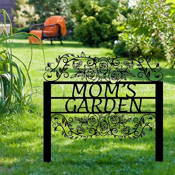 Custom Metal Garden Sign with Flowers, Personalized Garden Metal Stake with Rose, Flower Garden Name Decor, Custom sign for Outside, Customized Gardening Decoration, Yard Art, Gift for Mom, Grandmom