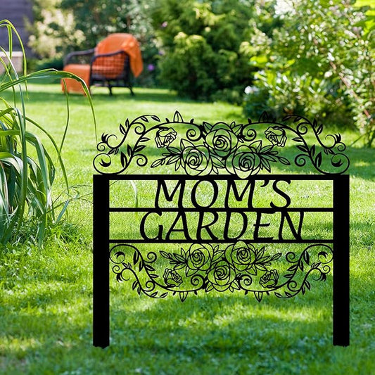 Custom Metal Garden Sign with Flowers, Personalized Garden Metal Stake with Rose, Flower Garden Name Decor, Custom sign for Outside, Customized Gardening Decoration, Yard Art, Gift for Mom, Grandmom