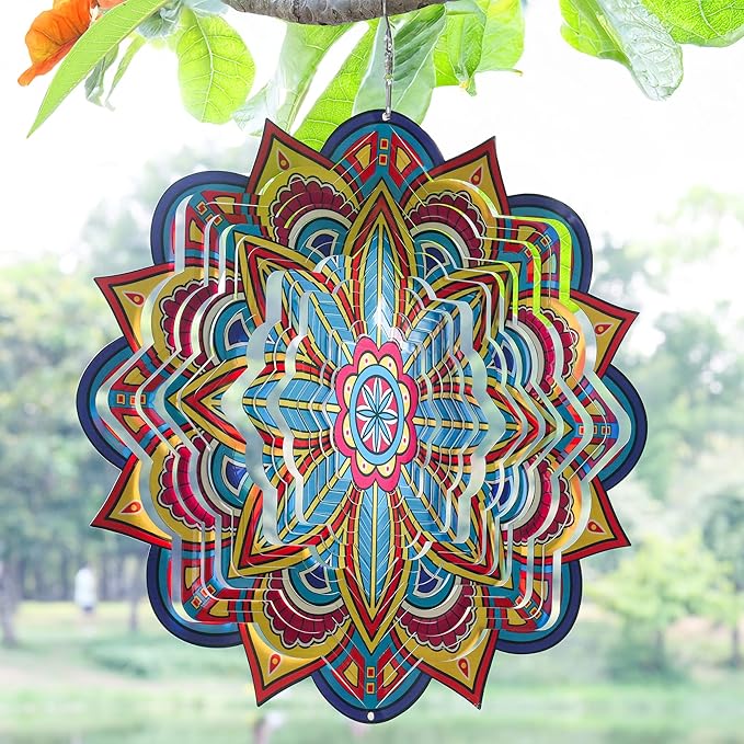 Mandala Wind Spinners, 12inch Metal Wind Spinners Outdoor for Yard and Garden, Stainless Steel Hanging Wind Spinner, Kinetic Yard Art Garden Decor Ornament Gifts