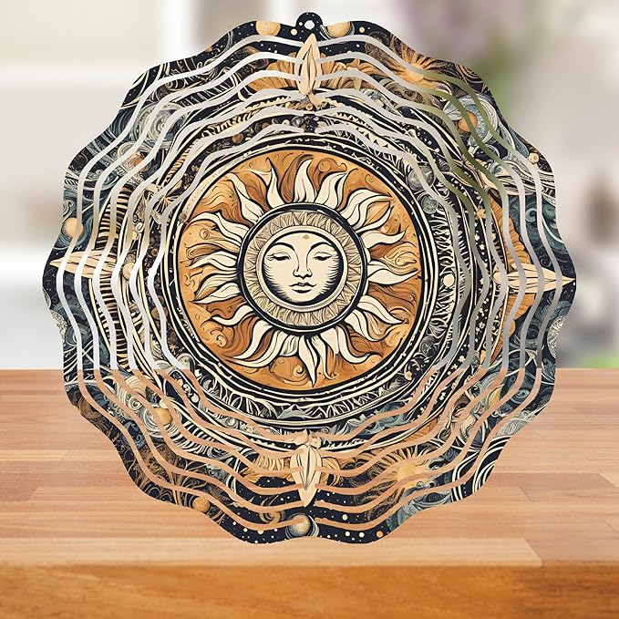 Sun Face Mandala 10" Wind Spinner Outdoor Metal Garden Art Celestial Patio Decoration Cosmic Design Yard Ornament Vibrant Hanging Sculpture