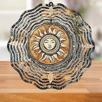 Sun Face Mandala 10" Wind Spinner Outdoor Metal Garden Art Celestial Patio Decoration Cosmic Design Yard Ornament Vibrant Hanging Sculpture