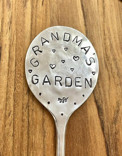 Garden Marker, Grandmas Garden with Hearts, recycled silver plate spoon, herb plant flower pot