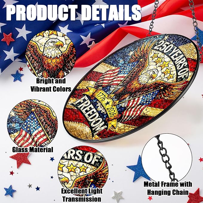 Leinuosen 250 Anniversary of Stained Glass Suncatcher 250th Anniversary Hanging Decoration 1776-2026 Us Window Stained Ornament for Patriotic People American Independence Freedom Day Gift Decoration