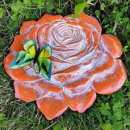 Garden Stepping Stones Outdoor Walkway – Resin Rose Flower Pavers for Path, Lawn & Backyard – Courtyard Entrance Decorative Small Statue with Artificial Flowers – Set of 2, Brown