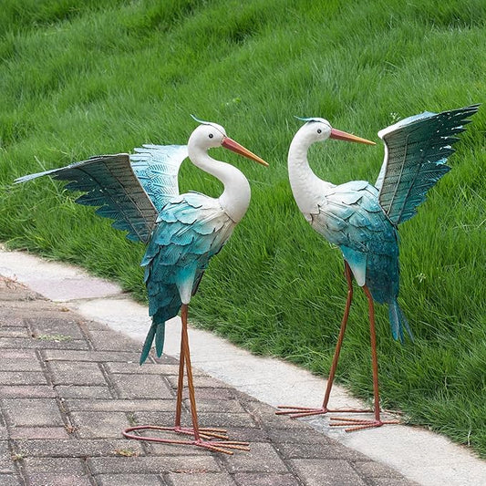Natelf Garden Decor Blue Heron, Large Standing Metal Crane Garden Statue, Yard Art Lawn Ornaments for Yard Patio Porch Outside Decorations