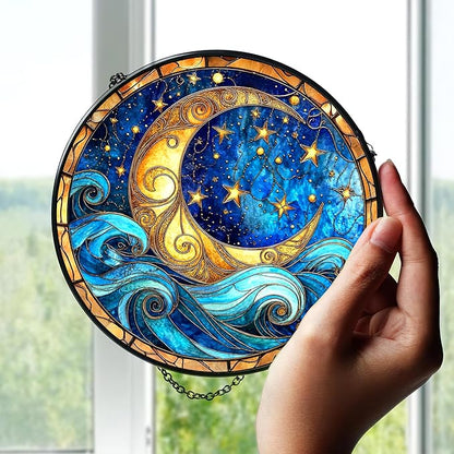 7.8" Night Sky Suncatcher Stained Glass Window Hanging Moonlight Sun Catchers Moon Star Ornament Wall Art Home Garden Kitchen Room Door Decor Birthday for Women Men Mom
