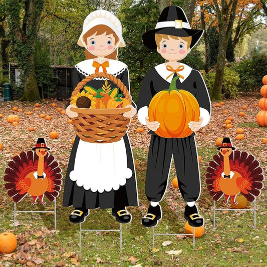 Geetery 4 Pieces Thanksgiving Outdoor Decorations Fall Yard Stake Scarecrow Pilgrim Pumpkins Porch Sign with Stake Autumn Harvest Garden Decor for Outside Lawn Decoration 32.28 x 10.47 Inch(Pilgrim)