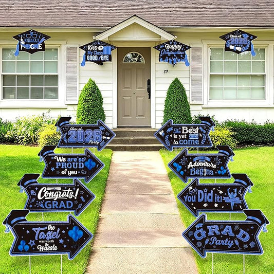 12PCS 2026 Graduation Yard Sign for Outdoor Pathway,Graduation Cap Hanging Yard Signs,Black Blue This Way Yard Signs with Stakes Ribbon,Class of 2026 Grad Party Decoration for College High School