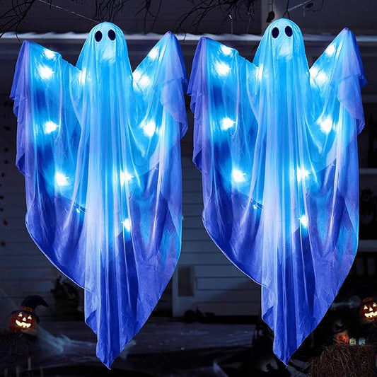 JOYIN 2 Pcs 47” Halloween Light up Hanging Ghost Decoration Outdoor, Halloween Hanging Ghosts Decoration with Blue LED Light for Front Yard Patio Lawn Garden Party Decor Indoor Outdoor