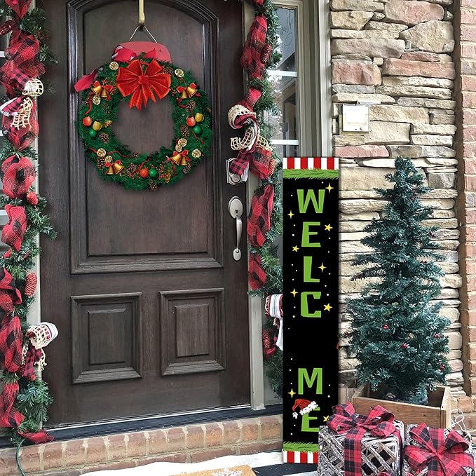 Christmas Wooden Welcome Sign Vertical Porch Sign -Holiday Porch Board Welcome Sign for Front Door, Porch, Yard, Deck, Patio, or Wall - Indoor Outdoor Decorative Farmhouse Rustic Christmas Hanging Signs and Yard Decor – 47.2" H