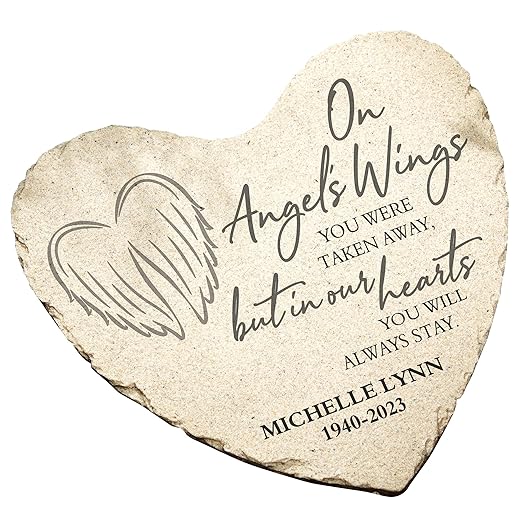 Personalization Universe On Angel's Wings Custom Memorial Heart-Shaped Garden Stone - Weather-Resistant Outdoor Decor with Personalized Text, Name & Dates, Ideal for Mother's Day & Remembrance - Large