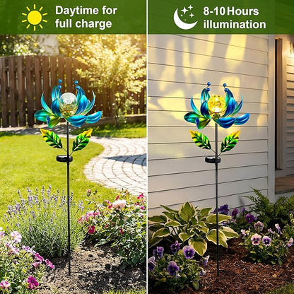 Solar Wind Spinner Outdoor Metal - Kinetic Lotus Flower Garden Sculptures & Spinners with Crackle Glass Lighting, 360° Spinning Yard Art Decor for Patio, Lawn, Pathway, Gifts for Women
