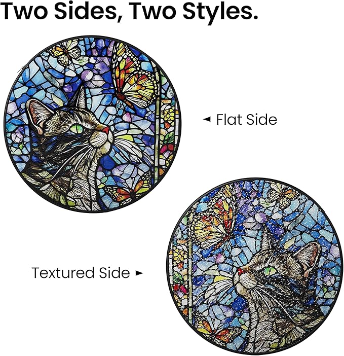 AELS Stained Glass 7.87" Round Suncatcher, Colorful Sun Catcher for Home Garden Window Decor, Window Hanging Ornament Gift for Friends and Family, Cat and Butterfly